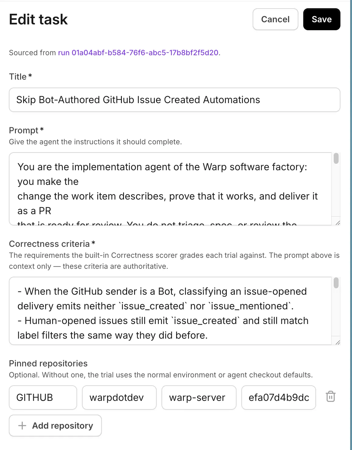 The task editor with fields for a title, prompt, correctness criteria, and pinned repositories.