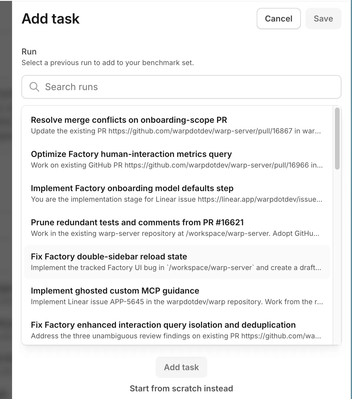 The Add task pane with a run search field, the list of completed runs, and the Start from scratch instead option.